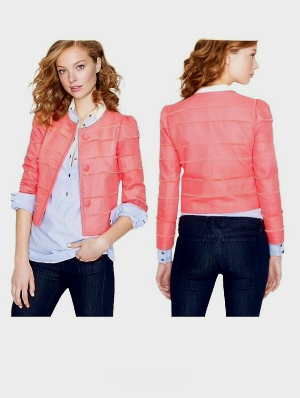 J.Crew Coral Pink Cropped Fringe Blaser Jacket Summer Spring Sz.6 Cotton Modal